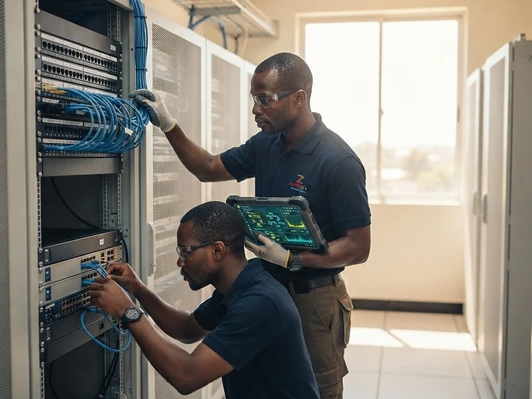 FT Zambia engineers installing and testing network infrastructure in a client server room