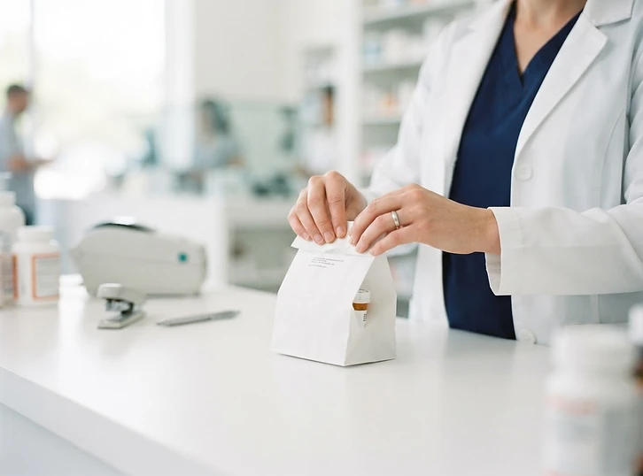 Pharmacist's hands sealing a prescription bag