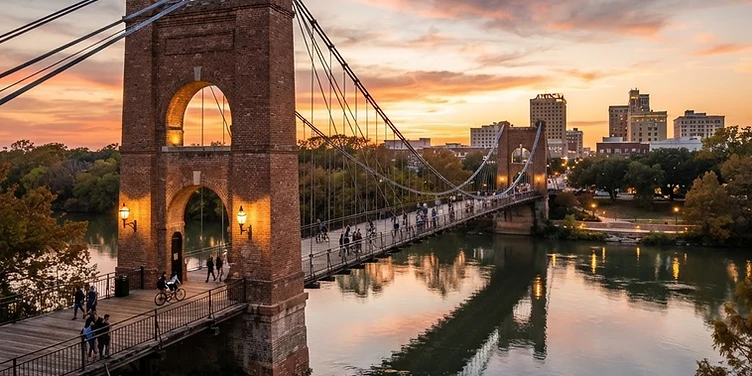 Historic suspension bridge over the Brazos River in Waco at sunset