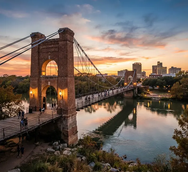 Historic suspension bridge over the Brazos River in Waco at sunset