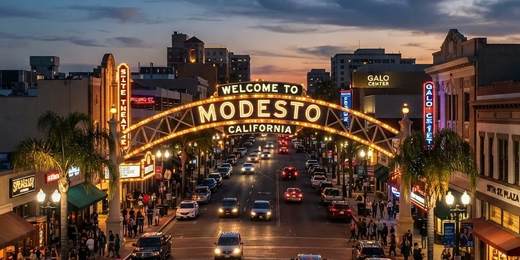 Downtown Modesto with the lit welcome arch at dusk