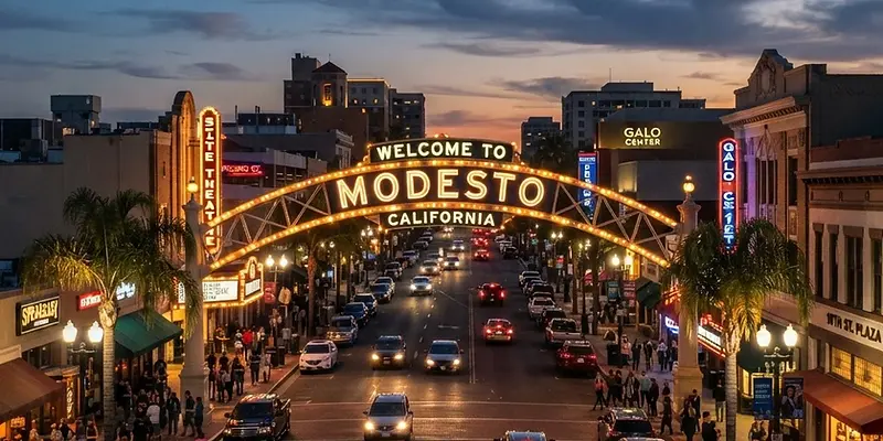Downtown Modesto with the lit welcome arch at dusk