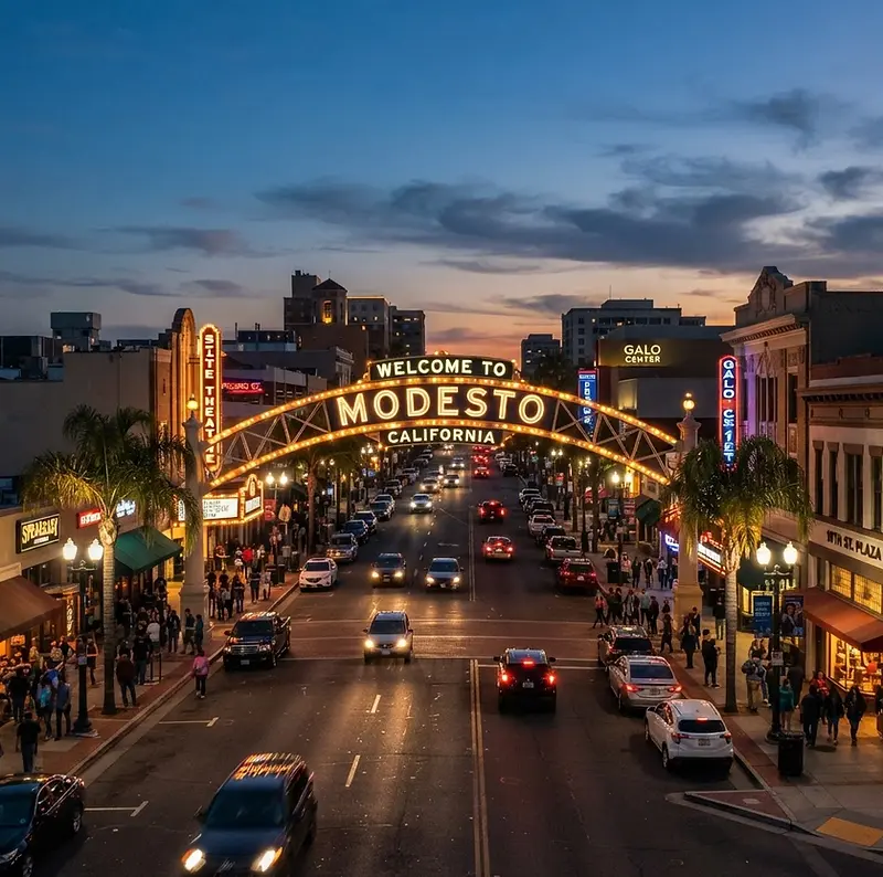 Downtown Modesto with the lit welcome arch at dusk