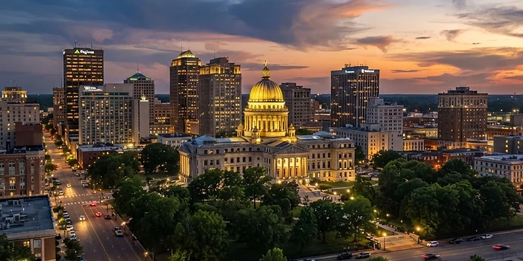 Downtown Jackson, Mississippi with the state capitol at dusk