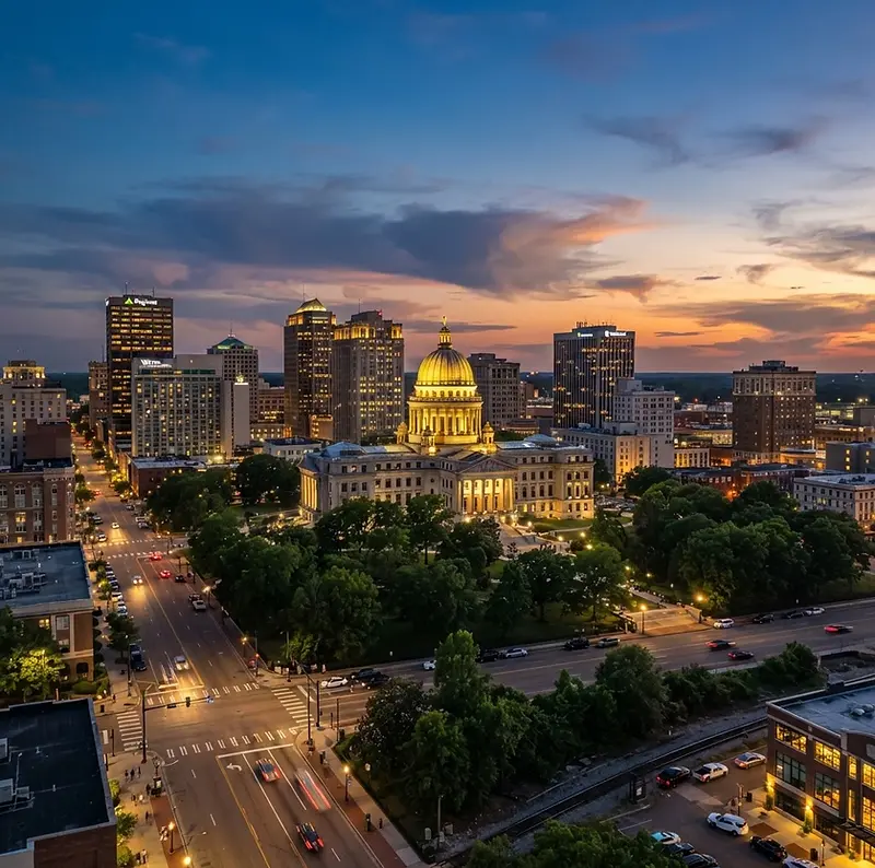 Downtown Jackson, Mississippi with the state capitol at dusk