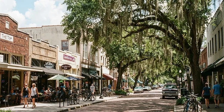 Oak trees and brick streets in downtown Gainesville, Florida