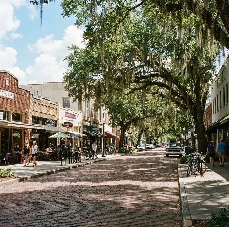 Oak trees and brick streets in downtown Gainesville, Florida