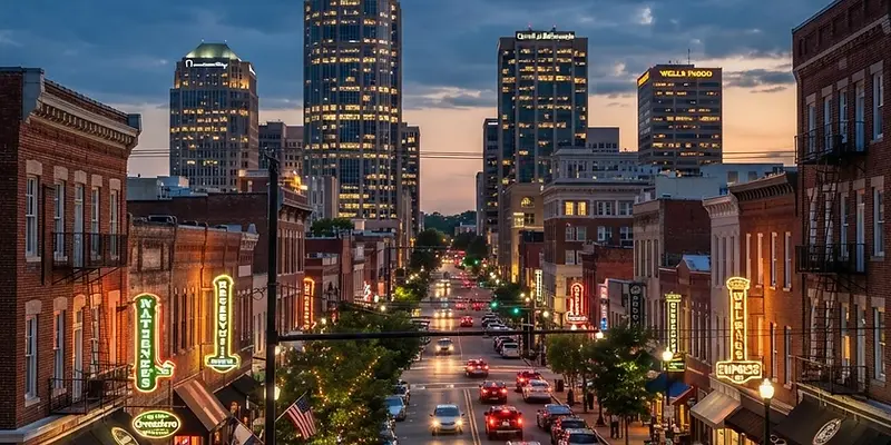 Downtown Greensboro along Elm Street at dusk