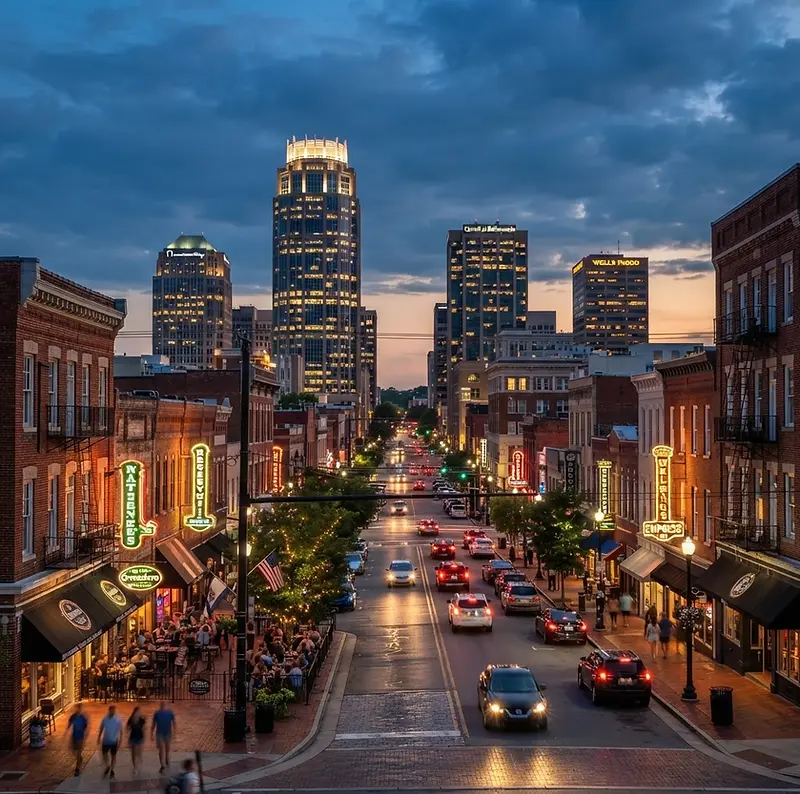 Downtown Greensboro along Elm Street at dusk