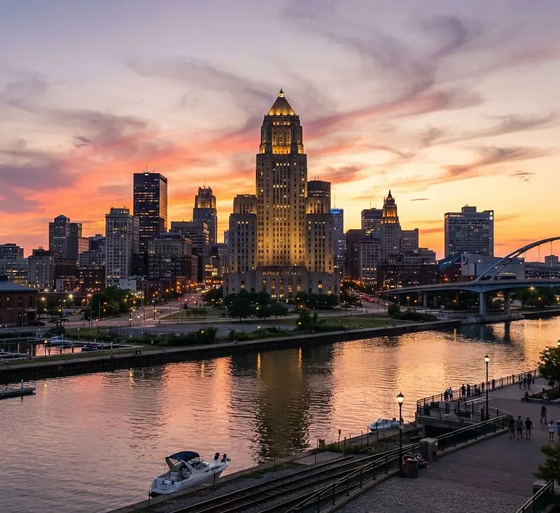 Downtown Buffalo skyline with City Hall at sunset