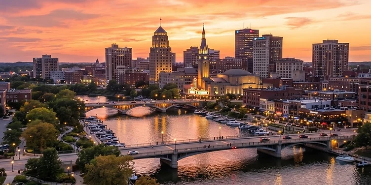 Downtown Rockford and bridges over the Rock River at sunset
