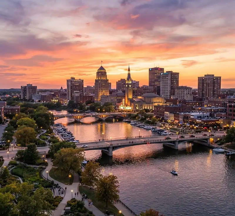 Downtown Rockford and bridges over the Rock River at sunset