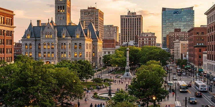 Downtown Worcester with City Hall and the Common at golden hour