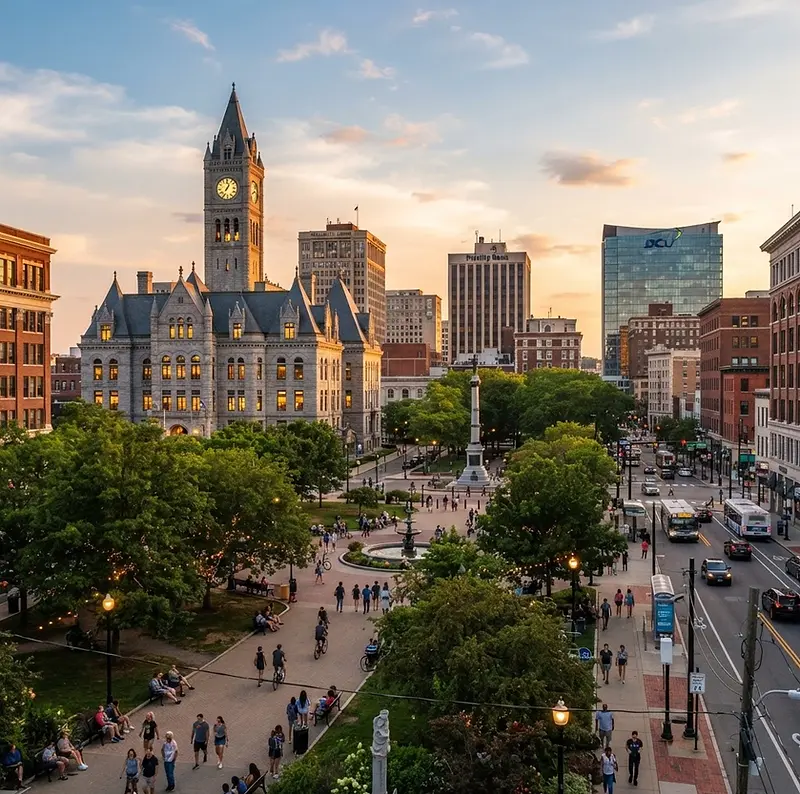 Downtown Worcester with City Hall and the Common at golden hour