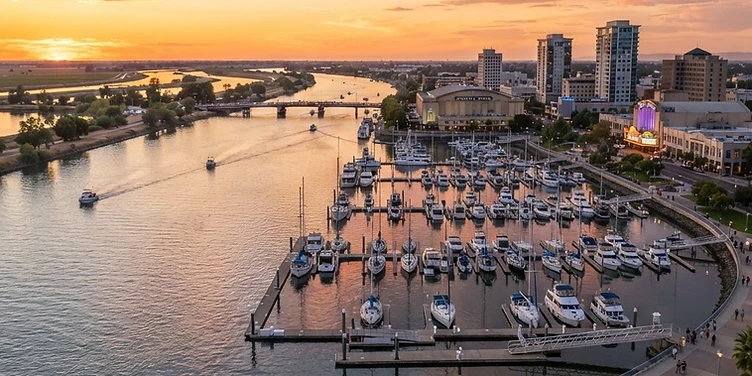 Stockton waterfront marina on the delta at sunset