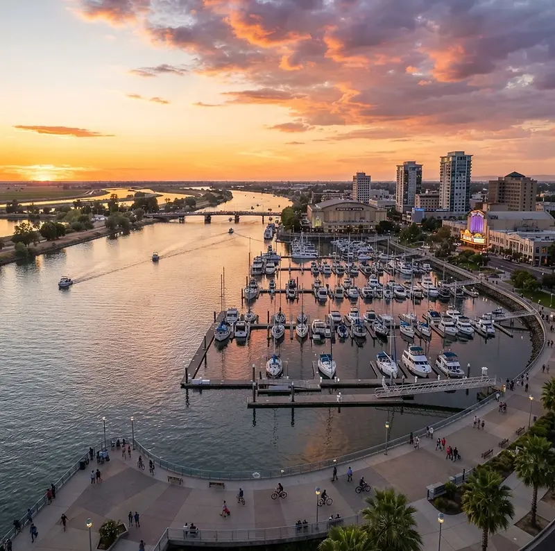 Stockton waterfront marina on the delta at sunset