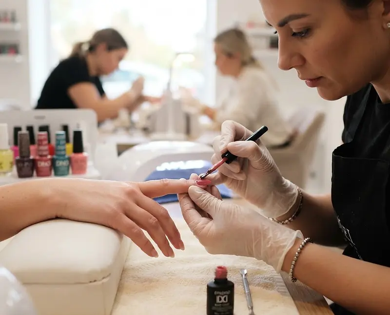 Nail technician applying gel polish in a bright nail salon