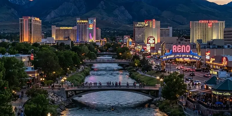 Downtown Reno along the Truckee River at dusk