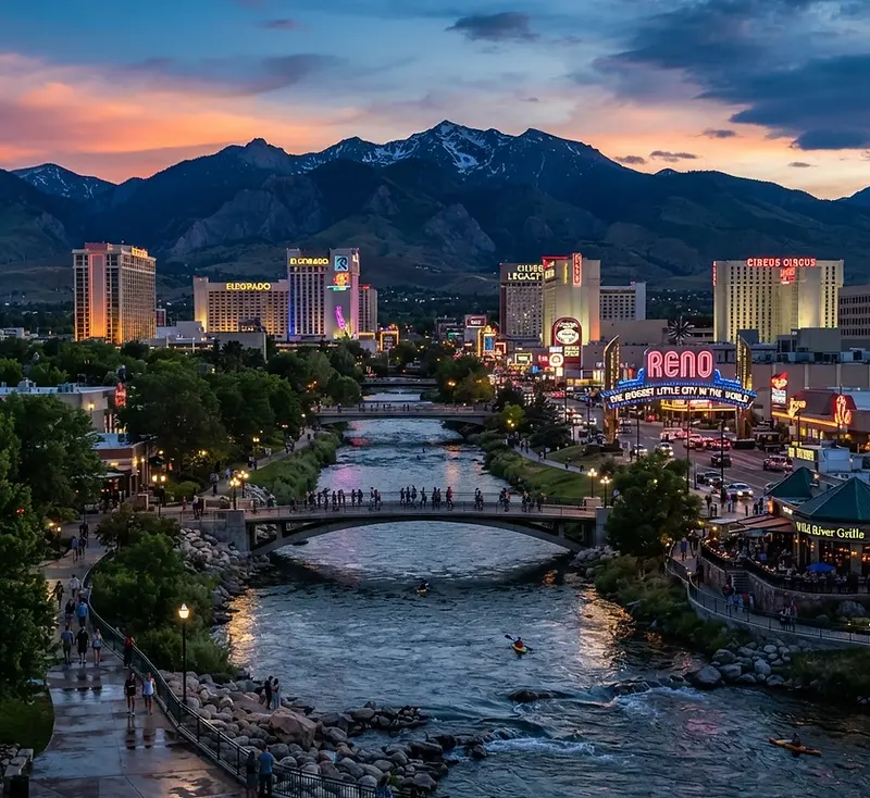 Downtown Reno along the Truckee River at dusk