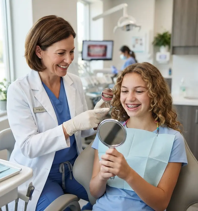 Orthodontist website design: orthodontist showing a teen patient their new braces