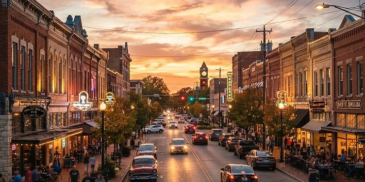 Historic storefronts on Main Street in Norman, Oklahoma at sunset