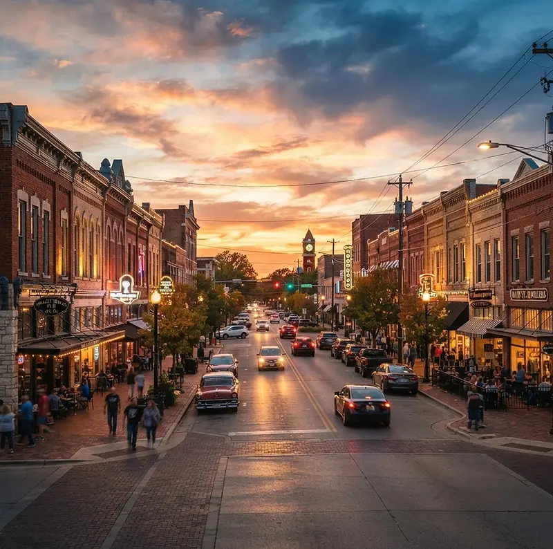 Historic storefronts on Main Street in Norman, Oklahoma at sunset