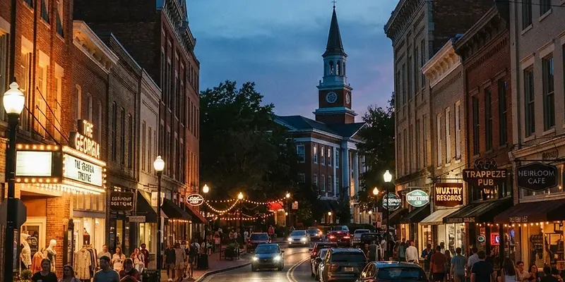 Historic brick storefronts in downtown Athens, Georgia at dusk