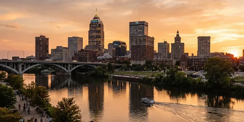 Downtown Toledo along the Maumee River at golden hour