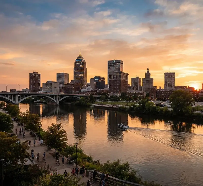 Downtown Toledo along the Maumee River at golden hour