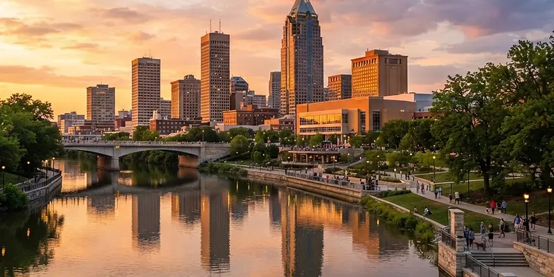 Downtown Fort Wayne along the riverfront at golden hour