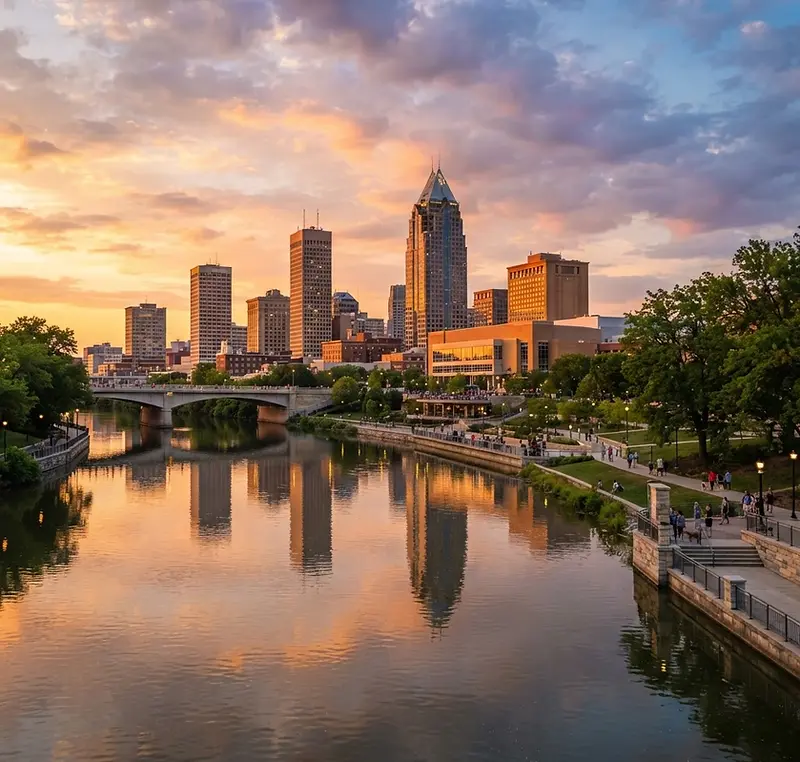 Downtown Fort Wayne along the riverfront at golden hour