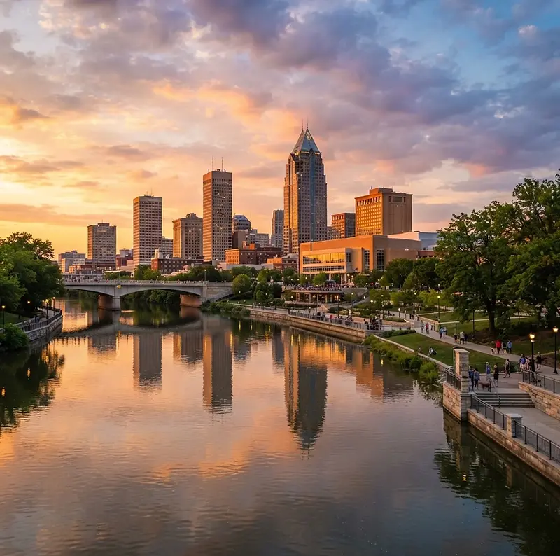 Downtown Fort Wayne along the riverfront at golden hour