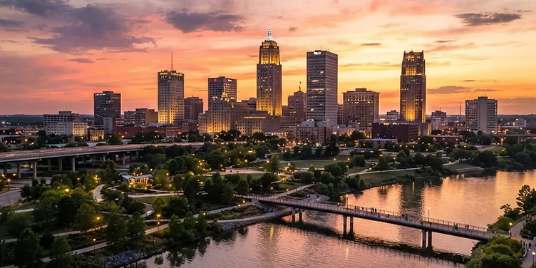 Tulsa art deco skyline at sunset