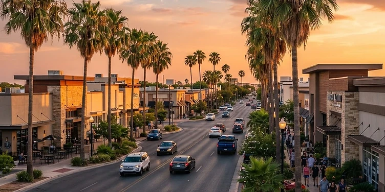 Palm-lined street in McAllen, Texas at golden hour