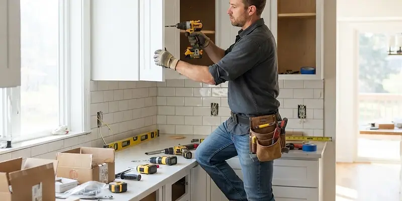 Remodeling contractor installing kitchen cabinets