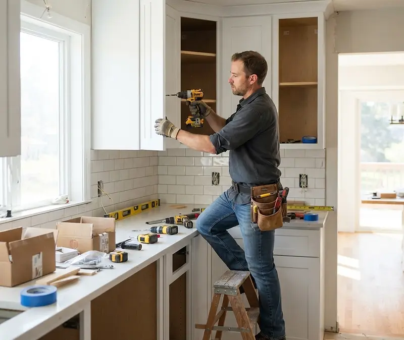 Remodeling contractor installing kitchen cabinets