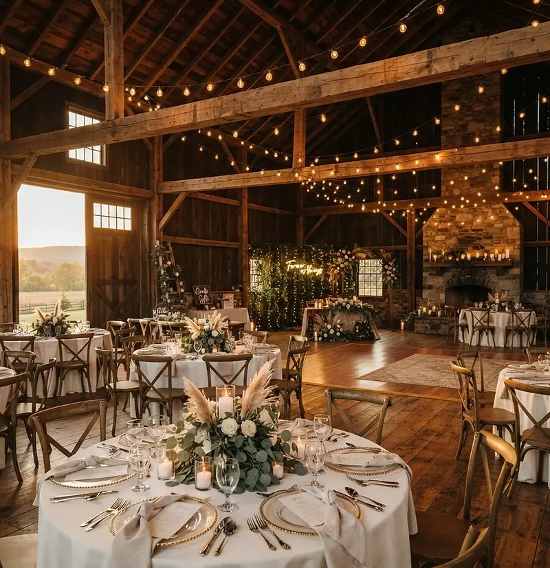 Wedding venue website design: rustic barn reception set with string lights
