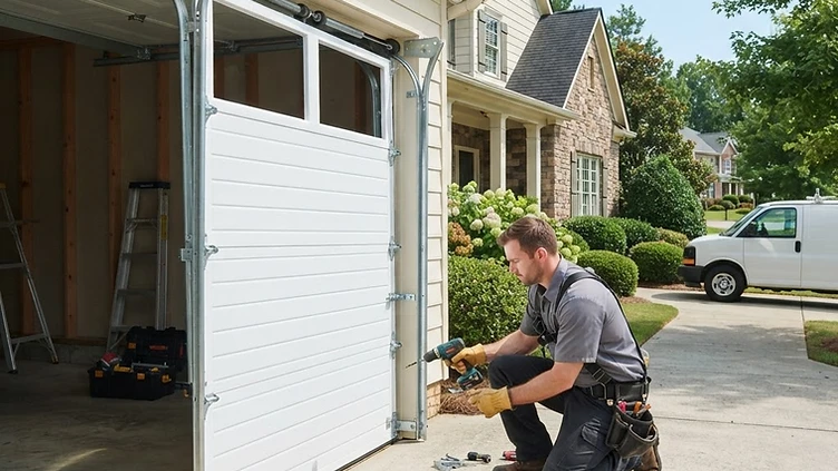 Garage Door Company checking new job requests on his phone