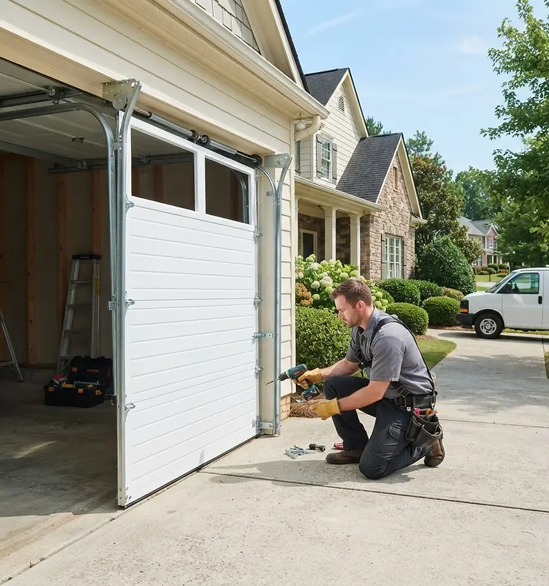 Garage door company website design: technician installing a new white garage door