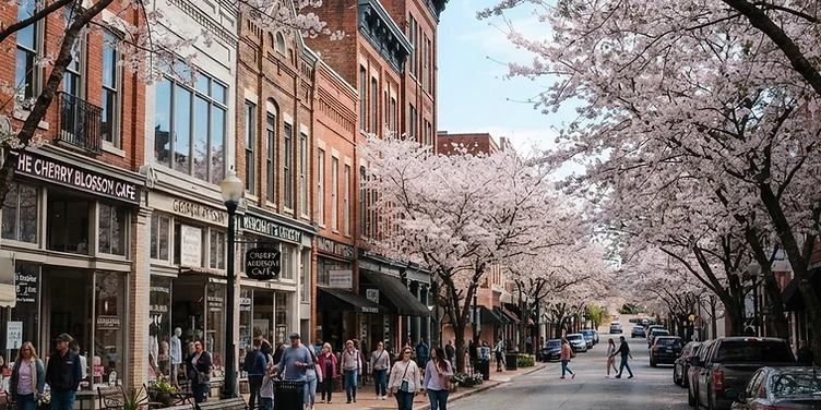 Brick storefronts and cherry blossoms in downtown Macon, Georgia