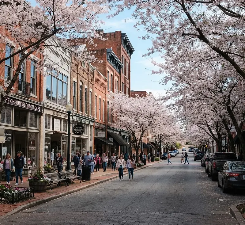 Brick storefronts and cherry blossoms in downtown Macon, Georgia