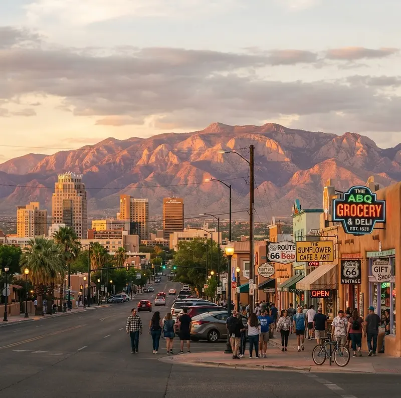 Albuquerque skyline with the Sandia Mountains at sunset