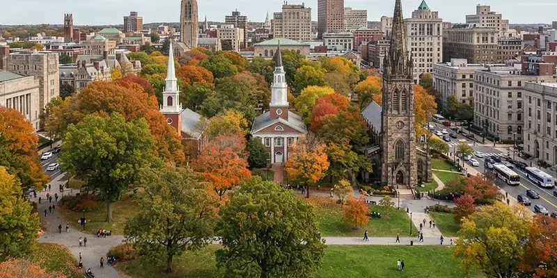 New Haven town green with historic churches in autumn
