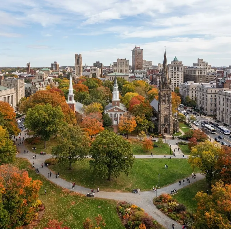 New Haven town green with historic churches in autumn