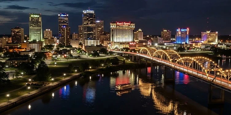 Shreveport skyline along the Red River at night