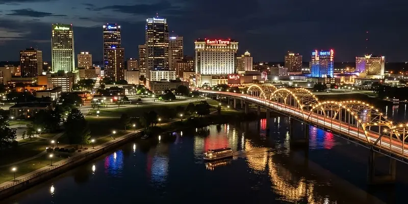 Shreveport skyline along the Red River at night