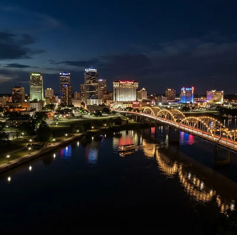 Shreveport skyline along the Red River at night