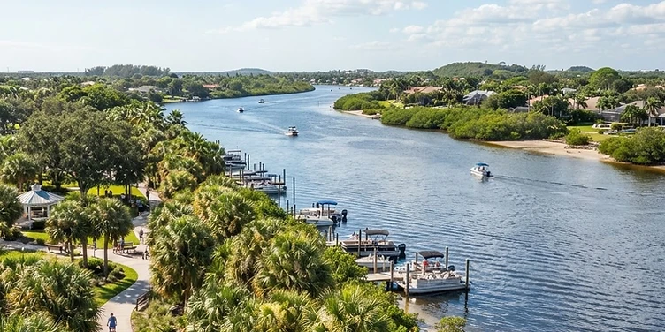 Port St. Lucie riverside with palm trees on a sunny day
