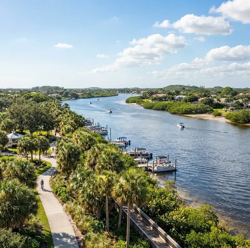 Port St. Lucie riverside with palm trees on a sunny day