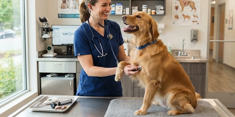 Veterinarian examining a happy dog in a bright clinic